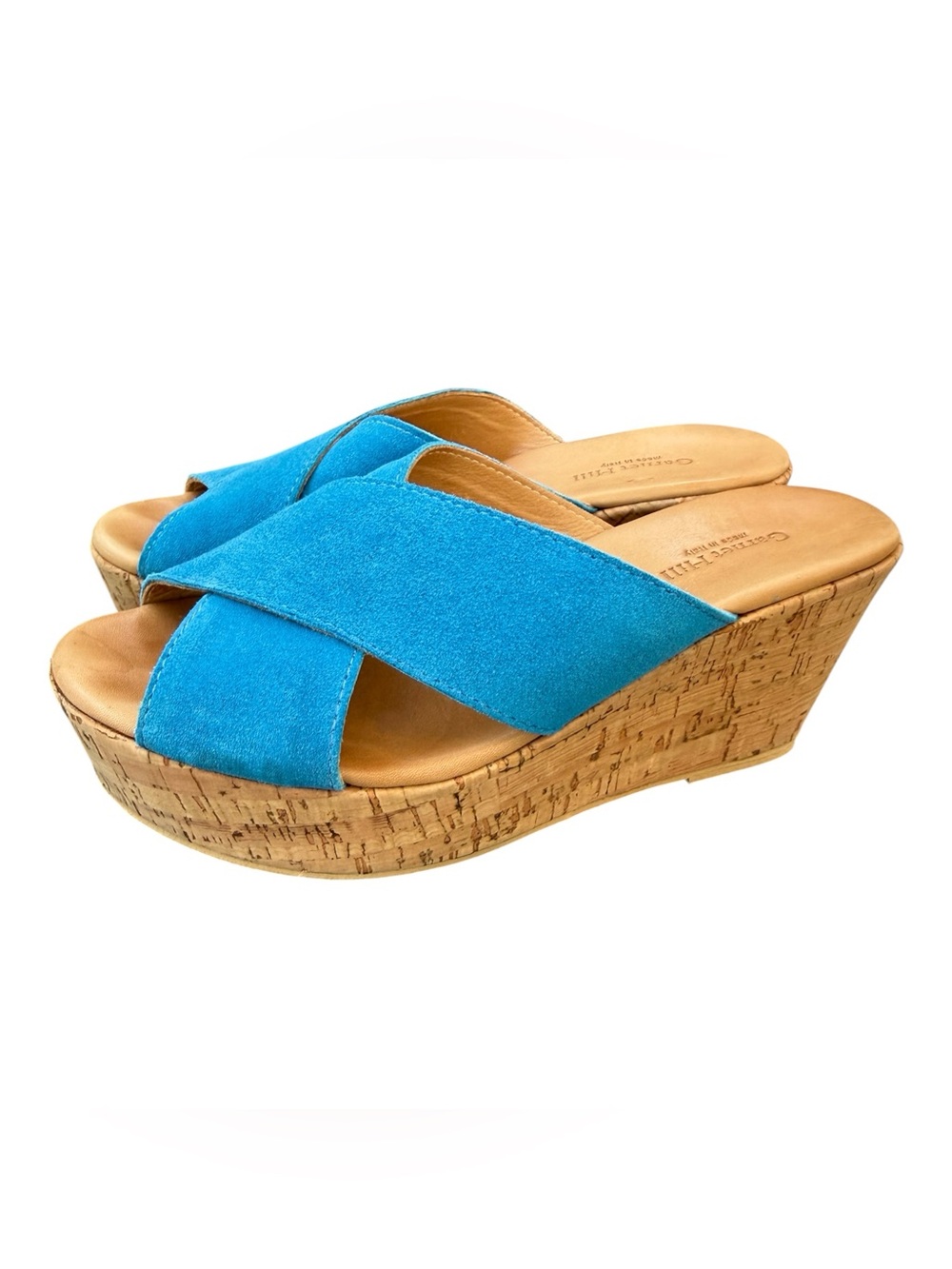 Garnet Hill Pietra Blue Suede Crisscross Slide Wedge Sandals Sz 7